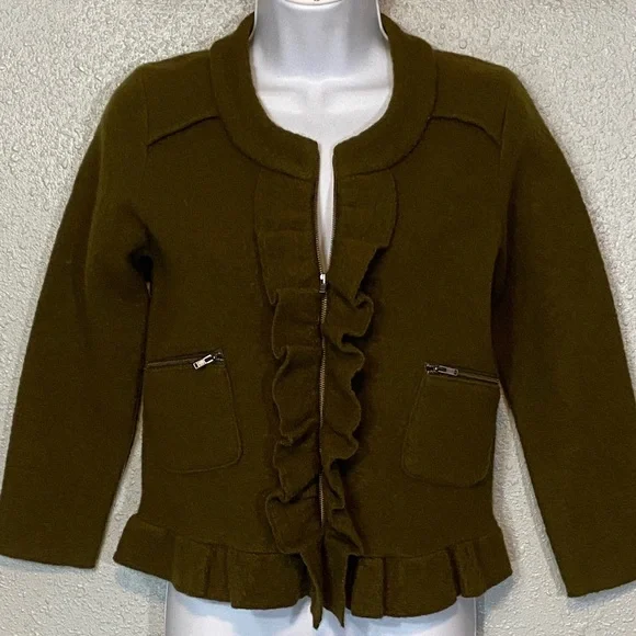 LOFT 100% Merino Wool Olive Green Ruffle Front Women's Jacket/Cardigan - Picture 8 of 8